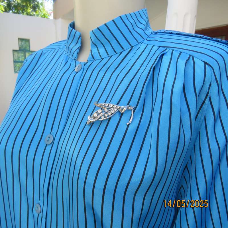 Elegant teal blue-black vertical striped long sleeve silky polyester size 38 top.