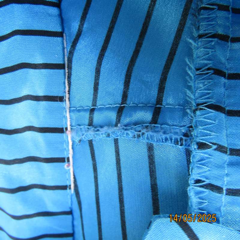 Elegant teal blue-black vertical striped long sleeve silky polyester size 38 top.