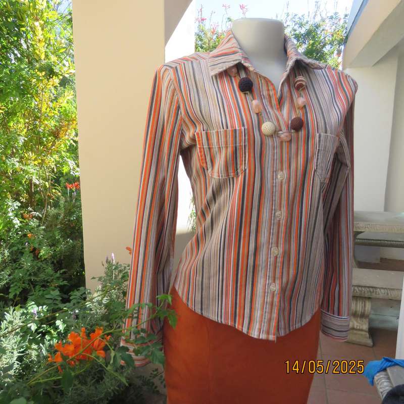 TRUWORTHS warm corded beige-brown and orange stretch cotton striped top. Size 34