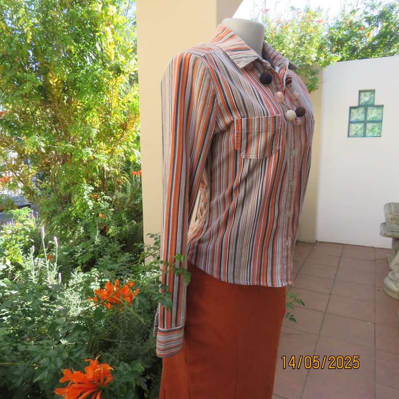 TRUWORTHS warm corded beige-brown and orange stretch cotton striped top. Size 34