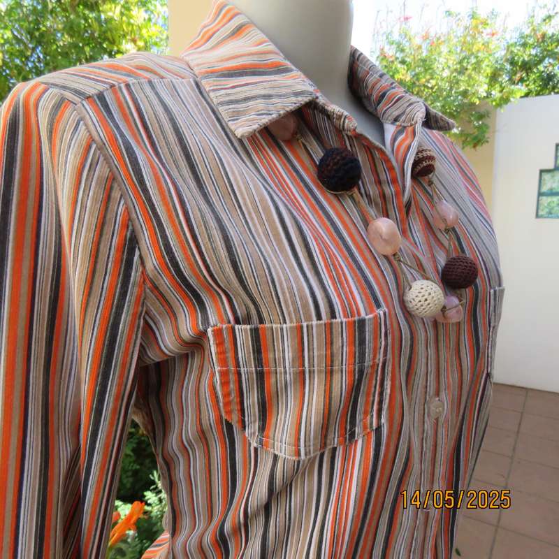 TRUWORTHS warm corded beige-brown and orange stretch cotton striped top. Size 34