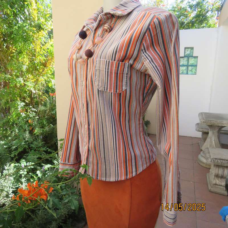 TRUWORTHS warm corded beige-brown and orange stretch cotton striped top. Size 34