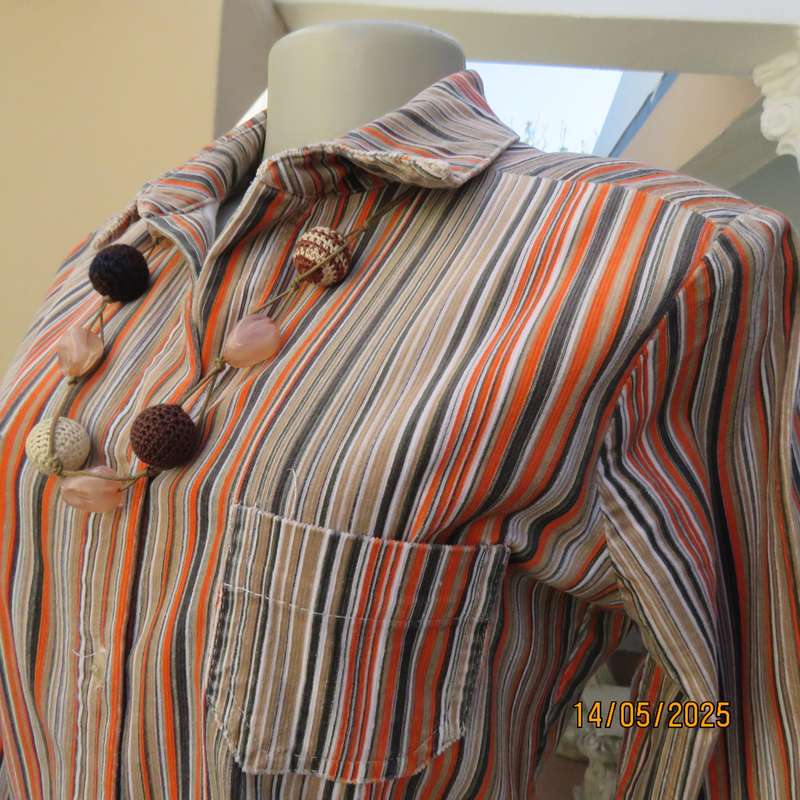 TRUWORTHS warm corded beige-brown and orange stretch cotton striped top. Size 34