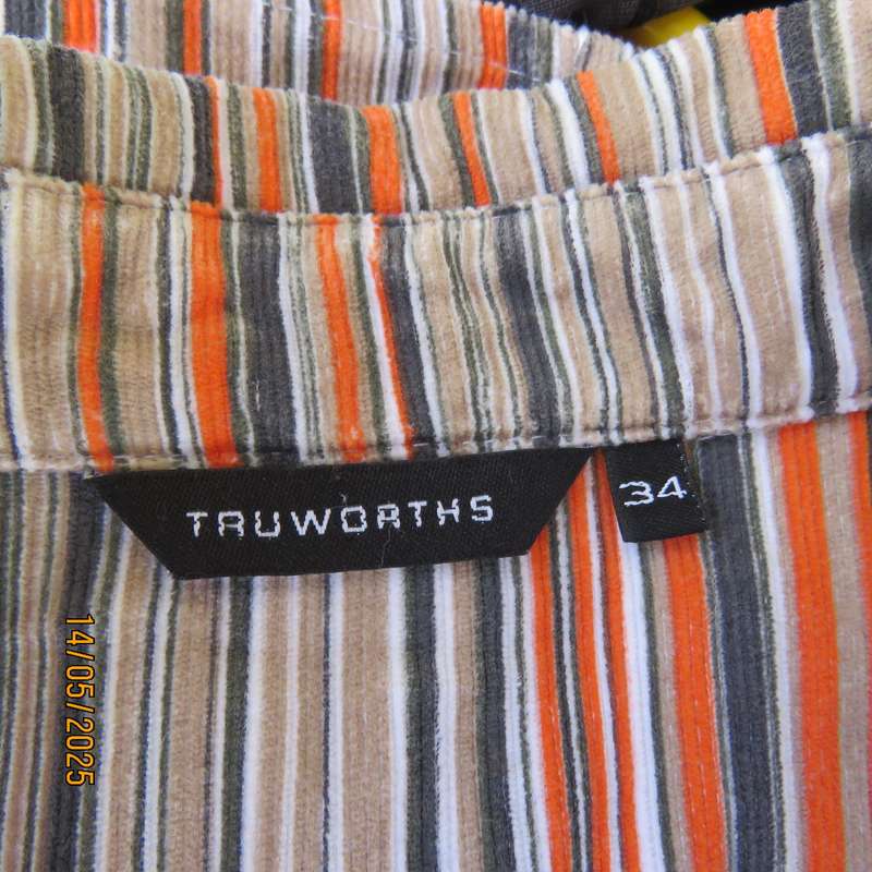TRUWORTHS warm corded beige-brown and orange stretch cotton striped top. Size 34