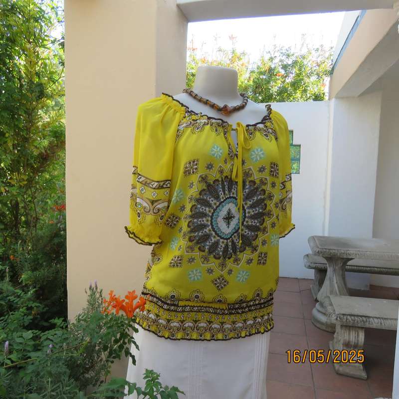 NEWS peasant style sheer yellow bohemian printed top. Wide elasticated neckline. Size 34