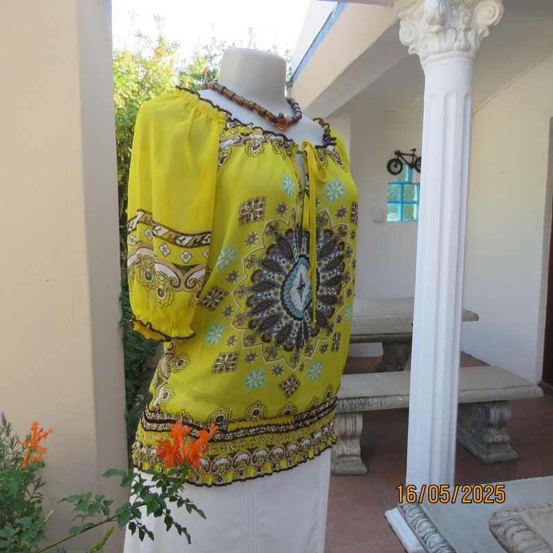 NEWS peasant style sheer yellow bohemian printed top. Wide elasticated neckline. Size 34