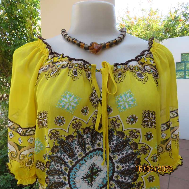 NEWS peasant style sheer yellow bohemian printed top. Wide elasticated neckline. Size 34