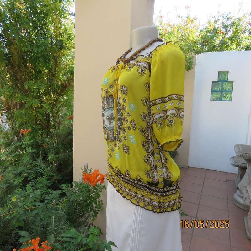 NEWS peasant style sheer yellow bohemian printed top. Wide elasticated neckline. Size 34
