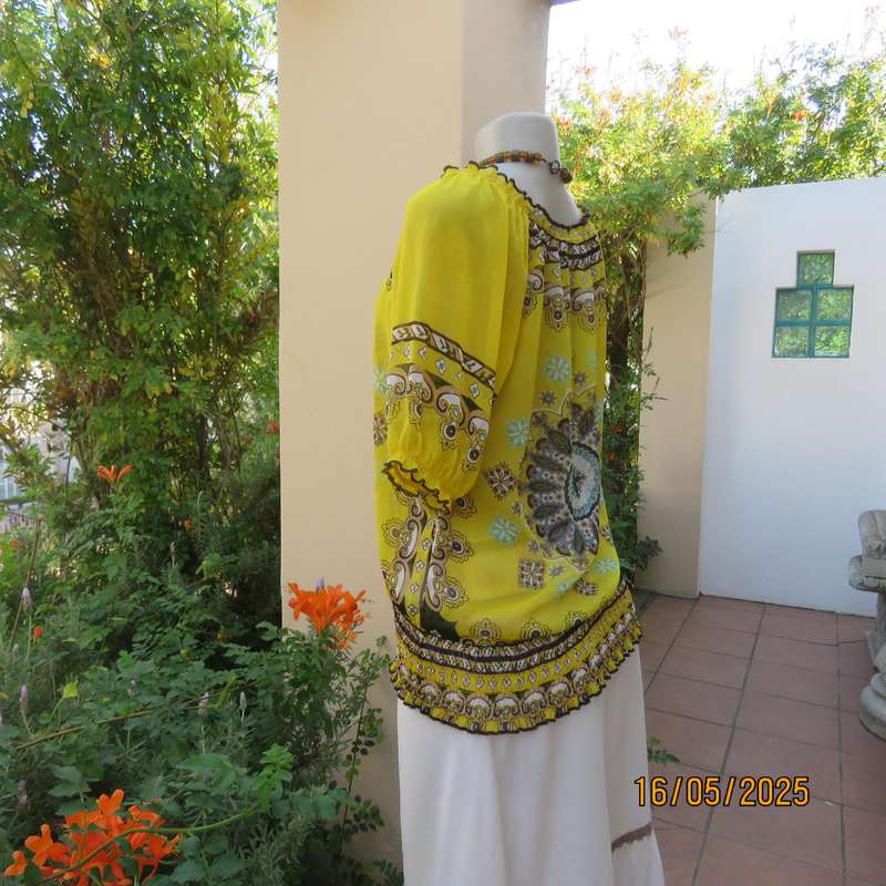 NEWS peasant style sheer yellow bohemian printed top. Wide elasticated neckline. Size 34