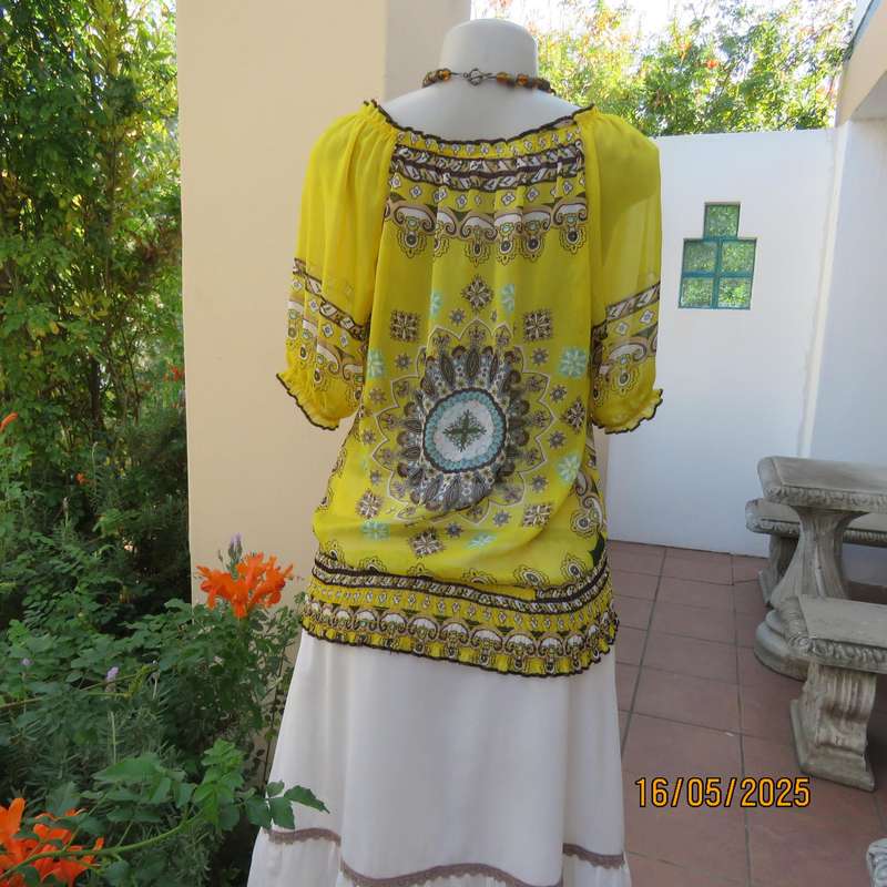 NEWS peasant style sheer yellow bohemian printed top. Wide elasticated neckline. Size 34
