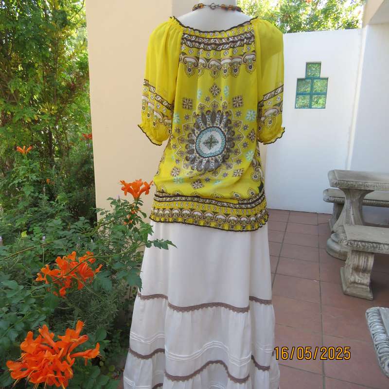 NEWS peasant style sheer yellow bohemian printed top. Wide elasticated neckline. Size 34
