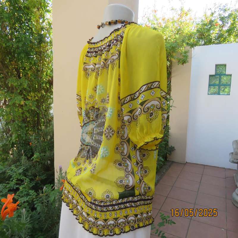 NEWS peasant style sheer yellow bohemian printed top. Wide elasticated neckline. Size 34