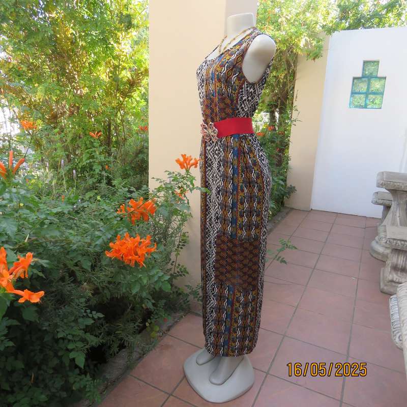 Ethnic patterned maxi polyester sleeveless dress. Elasticated waist. Size 34.