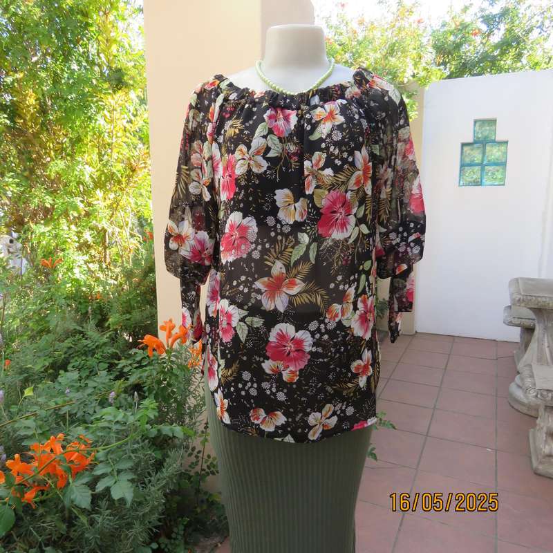 JUDY'S PRIDE sheer black polyester with crimson-pink flowers top. Partly lined. Size 36