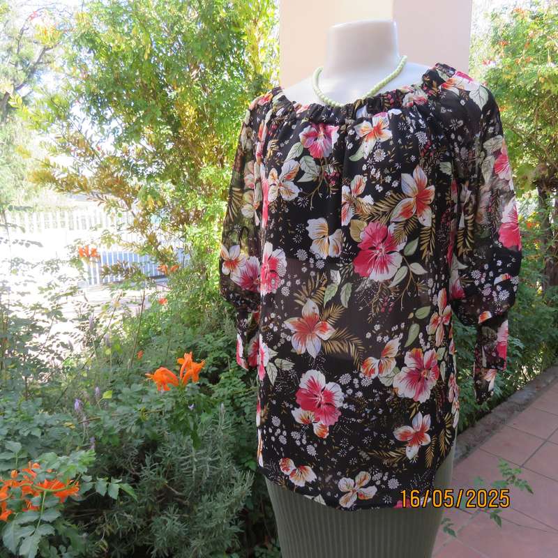JUDY'S PRIDE sheer black polyester with crimson-pink flowers top. Partly lined. Size 36