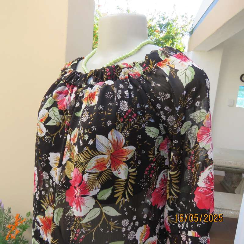 JUDY'S PRIDE sheer black polyester with crimson-pink flowers top. Partly lined. Size 36