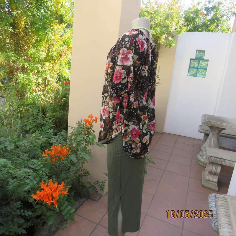 JUDY'S PRIDE sheer black polyester with crimson-pink flowers top. Partly lined. Size 36