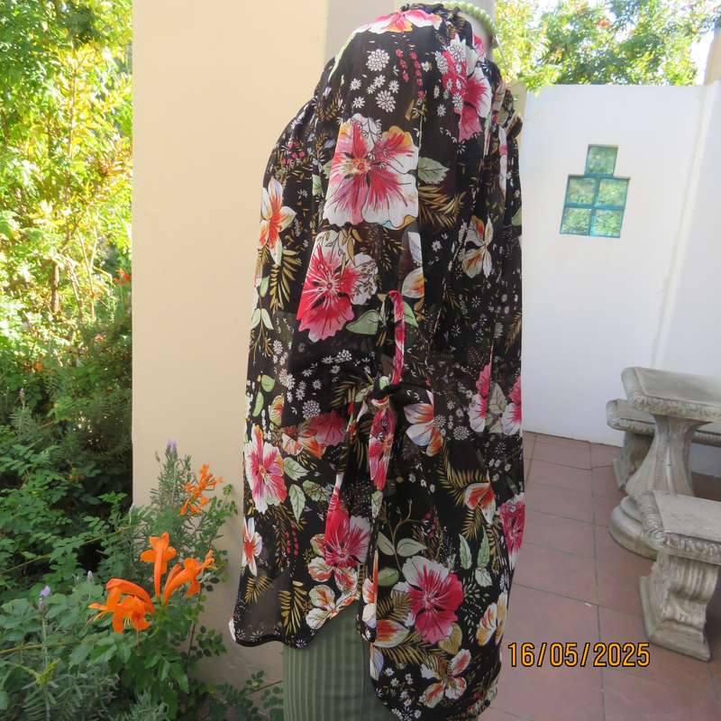 JUDY'S PRIDE sheer black polyester with crimson-pink flowers top. Partly lined. Size 36