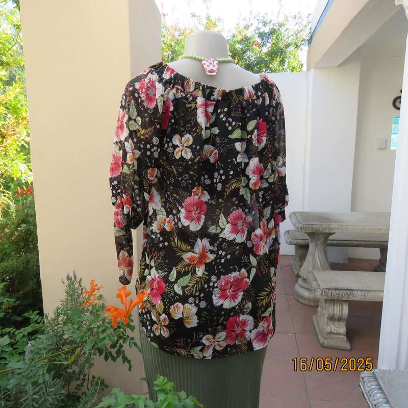JUDY'S PRIDE sheer black polyester with crimson-pink flowers top. Partly lined. Size 36