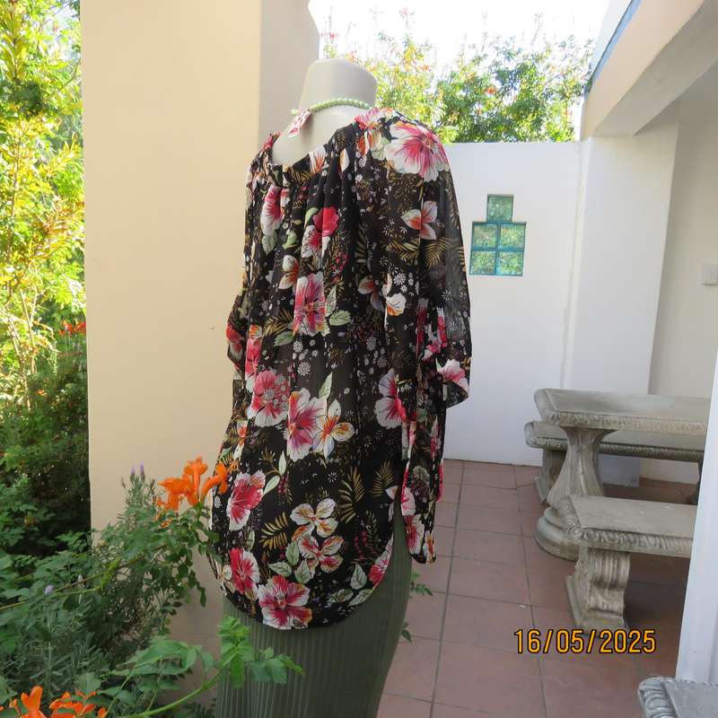 JUDY'S PRIDE sheer black polyester with crimson-pink flowers top. Partly lined. Size 36