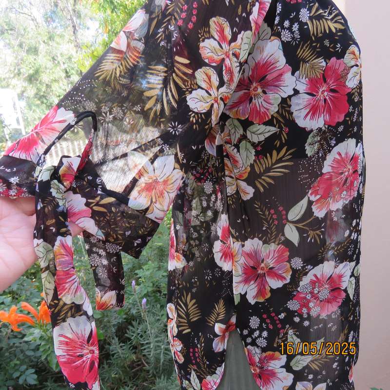 JUDY'S PRIDE sheer black polyester with crimson-pink flowers top. Partly lined. Size 36