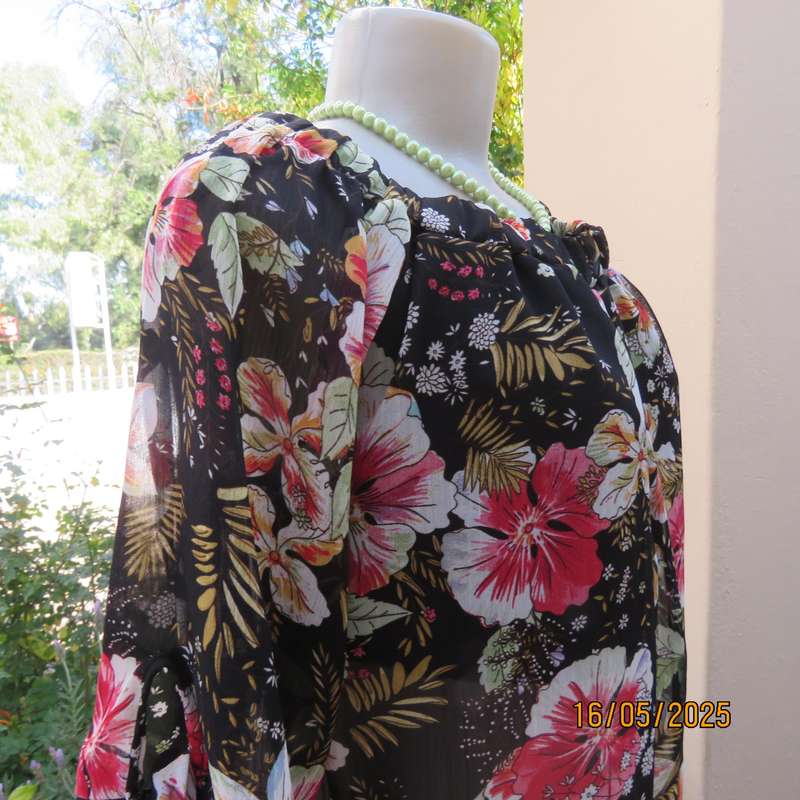 JUDY'S PRIDE sheer black polyester with crimson-pink flowers top. Partly lined. Size 36