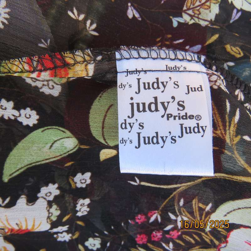 JUDY'S PRIDE sheer black polyester with crimson-pink flowers top. Partly lined. Size 36