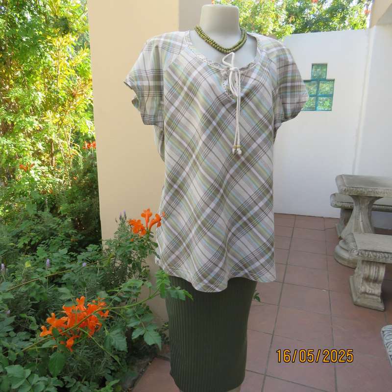 RENE TAYLOR soft green-blue and beige shades check cotton slip over top. Size 44