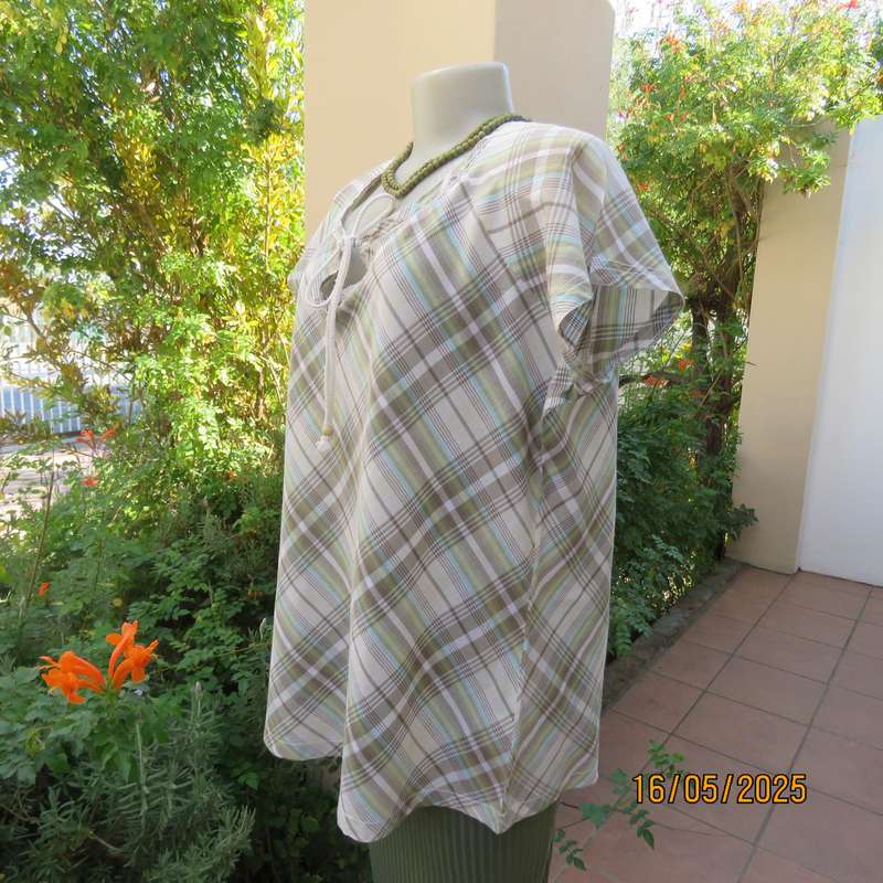 RENE TAYLOR soft green-blue and beige shades check cotton slip over top. Size 44