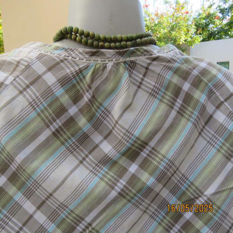 RENE TAYLOR soft green-blue and beige shades check cotton slip over top. Size 44