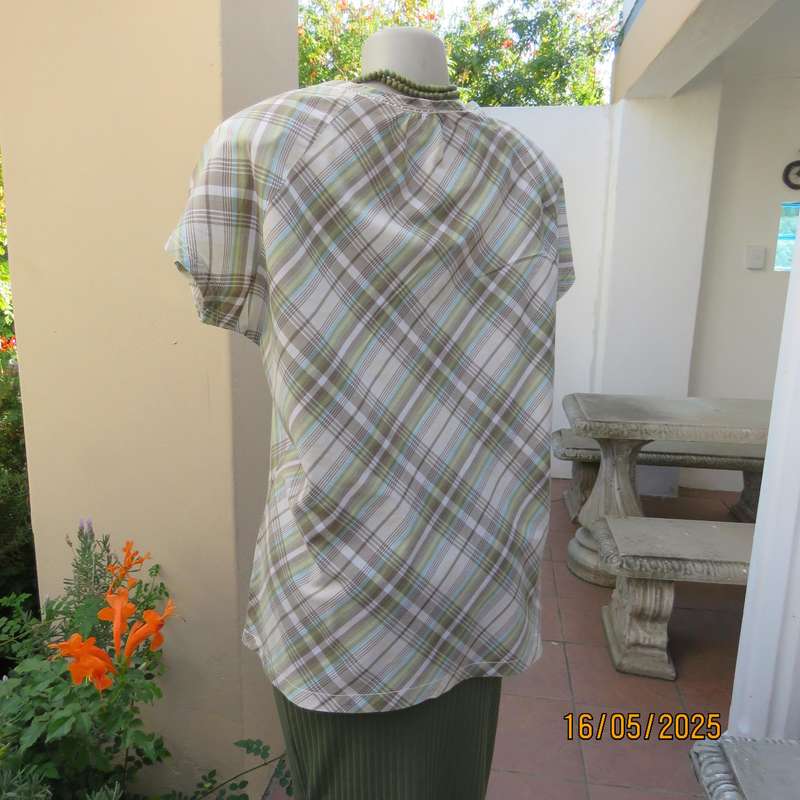 RENE TAYLOR soft green-blue and beige shades check cotton slip over top. Size 44