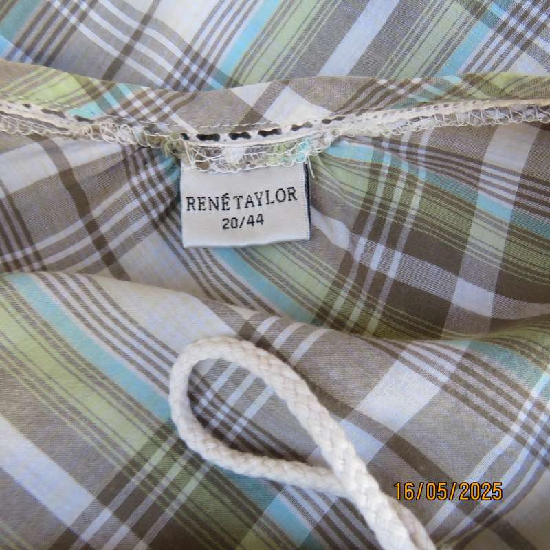 RENE TAYLOR soft green-blue and beige shades check cotton slip over top. Size 44