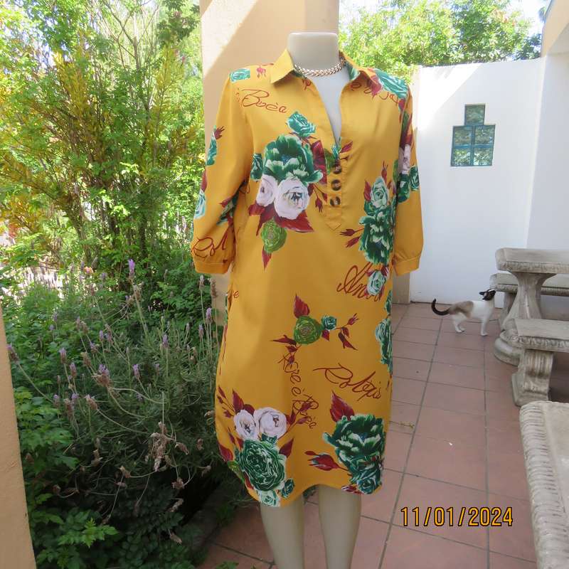 RAINBOW RAIN shirt style rayon stretch dress-top in gold colour-green-maroon-white flowersSize 40