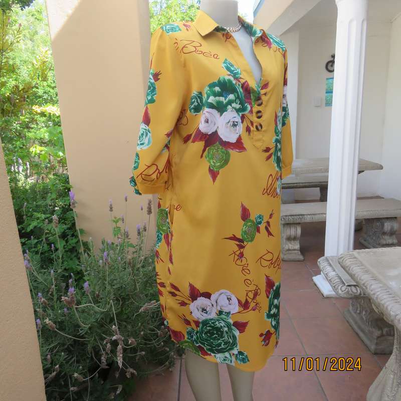 RAINBOW RAIN shirt style rayon stretch dress-top in gold colour-green-maroon-white flowersSize 40