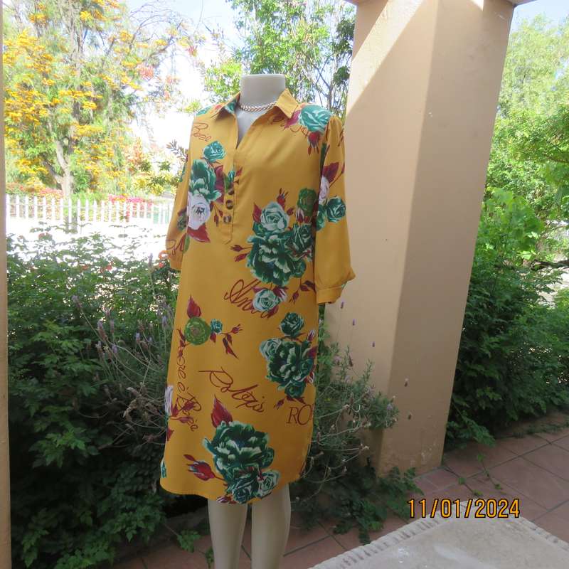 RAINBOW RAIN shirt style rayon stretch dress-top in gold colour-green-maroon-white flowersSize 40