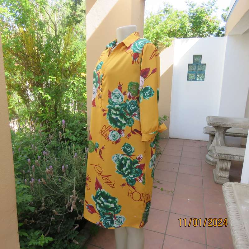 RAINBOW RAIN shirt style rayon stretch dress-top in gold colour-green-maroon-white flowersSize 40