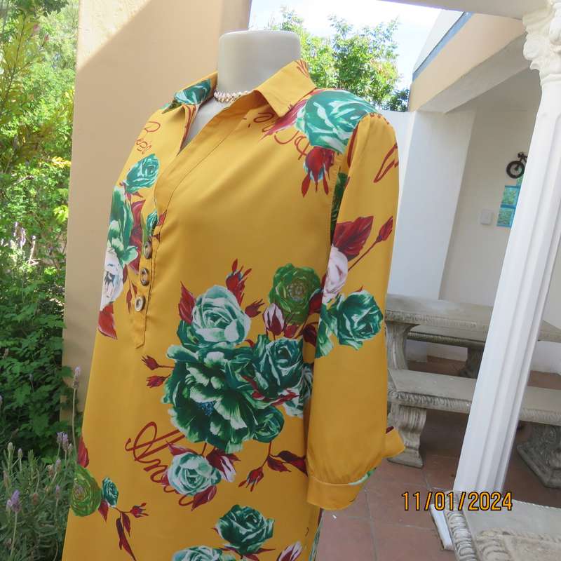 RAINBOW RAIN shirt style rayon stretch dress-top in gold colour-green-maroon-white flowersSize 40