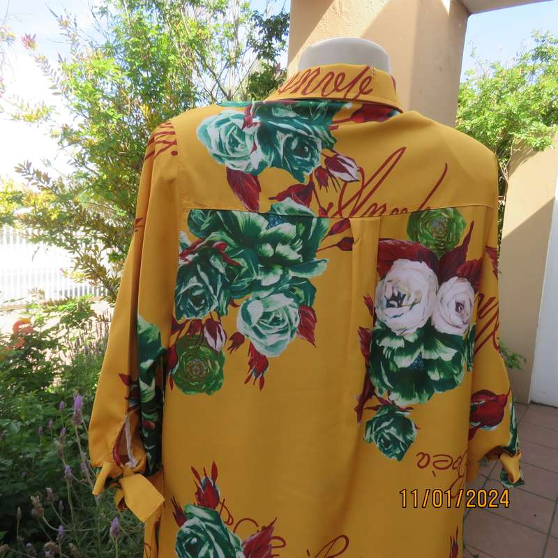 RAINBOW RAIN shirt style rayon stretch dress-top in gold colour-green-maroon-white flowersSize 40
