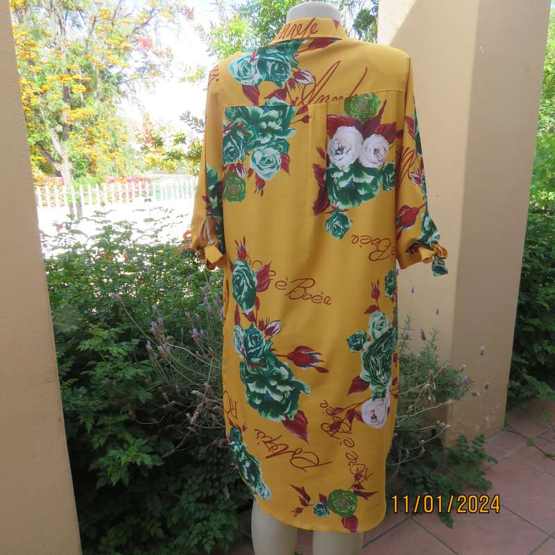 RAINBOW RAIN shirt style rayon stretch dress-top in gold colour-green-maroon-white flowersSize 40