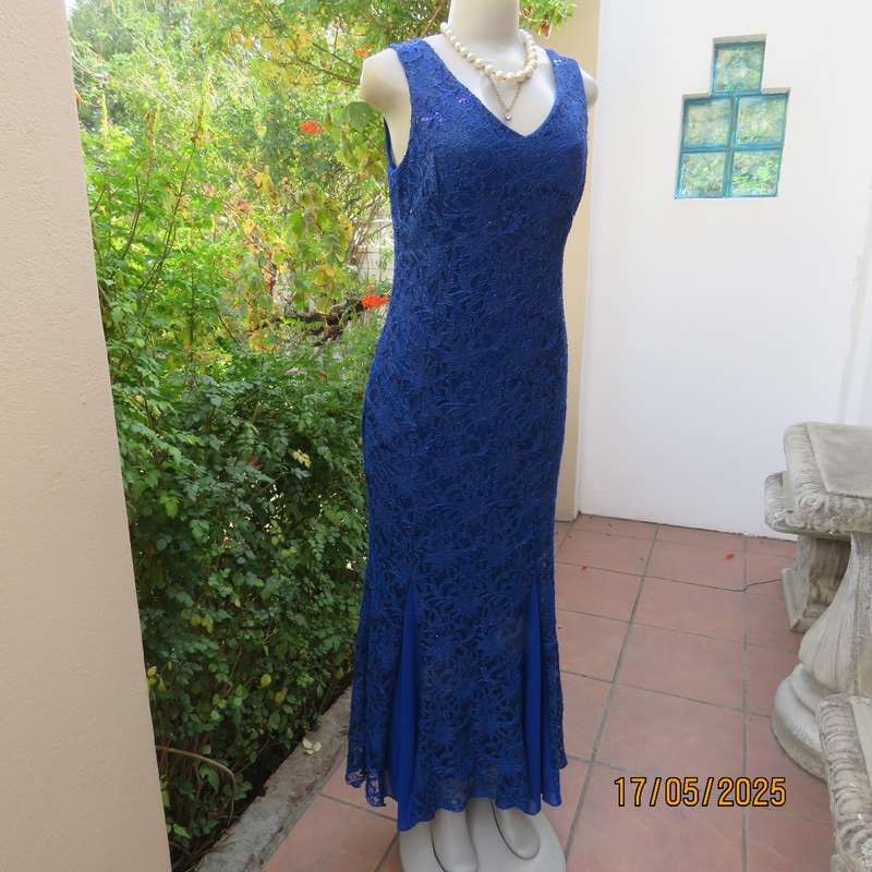 Royal blue acrylic lace sequined polyester stretch lined long evening dress. Size 37