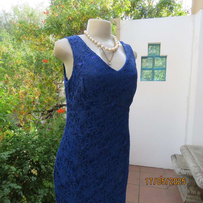 Royal blue acrylic lace sequined polyester stretch lined long evening dress. Size 37