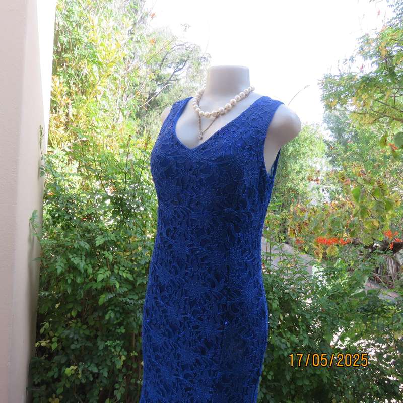 Royal blue acrylic lace sequined polyester stretch lined long evening dress. Size 37