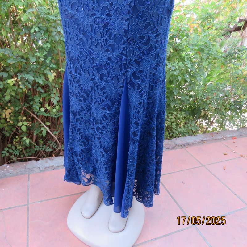 Royal blue acrylic lace sequined polyester stretch lined long evening dress. Size 37