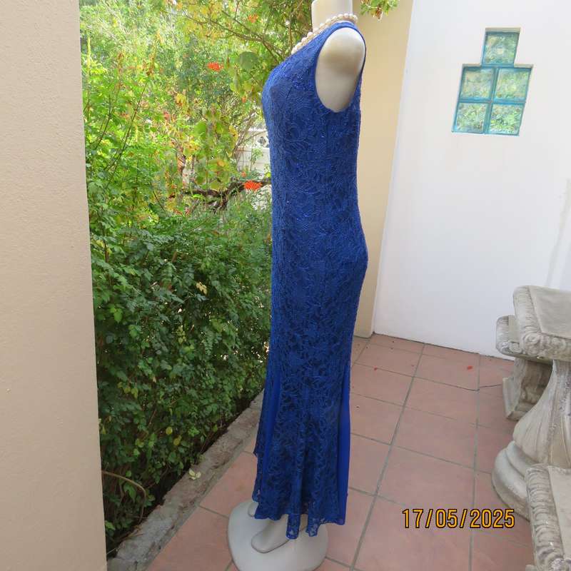 Royal blue acrylic lace sequined polyester stretch lined long evening dress. Size 37