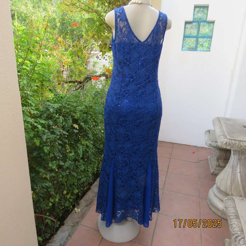 Royal blue acrylic lace sequined polyester stretch lined long evening dress. Size 37