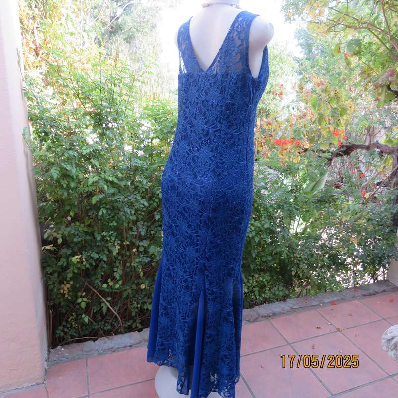 Royal blue acrylic lace sequined polyester stretch lined long evening dress. Size 37