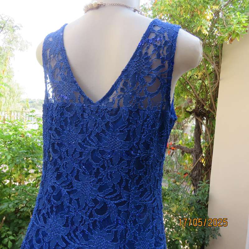 Royal blue acrylic lace sequined polyester stretch lined long evening dress. Size 37
