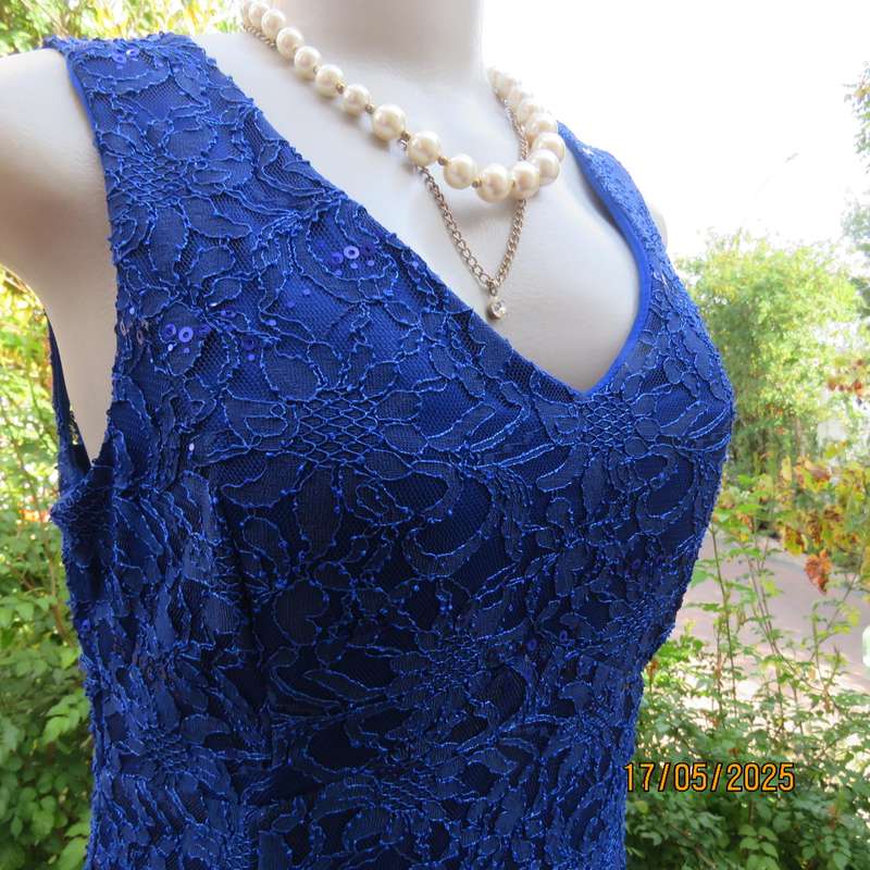 Royal blue acrylic lace sequined polyester stretch lined long evening dress. Size 37