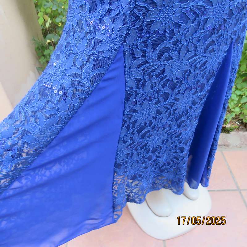 Royal blue acrylic lace sequined polyester stretch lined long evening dress. Size 37