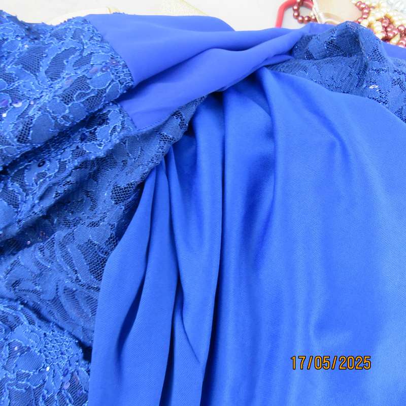 Royal blue acrylic lace sequined polyester stretch lined long evening dress. Size 37